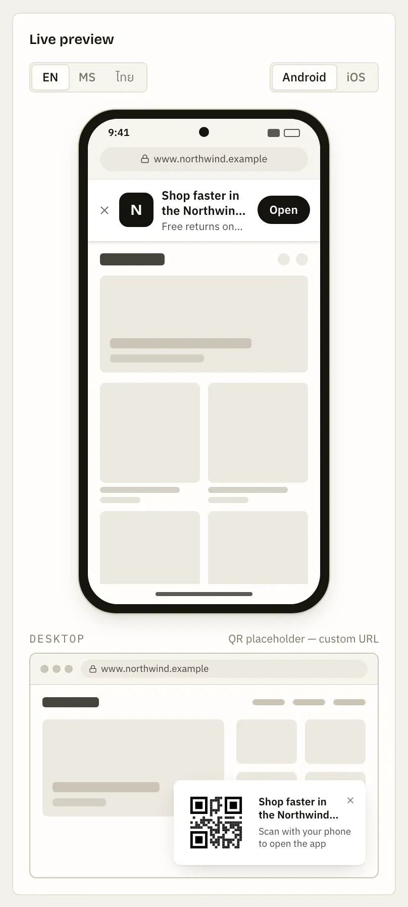 AppVero smart banner live preview on a phone and as a desktop QR card.