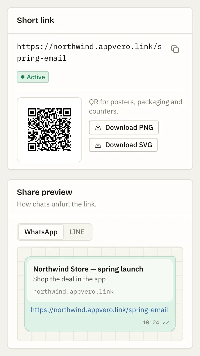 AppVero link detail: short link northwind.appvero.link/spring-email with its QR code and a WhatsApp share preview.