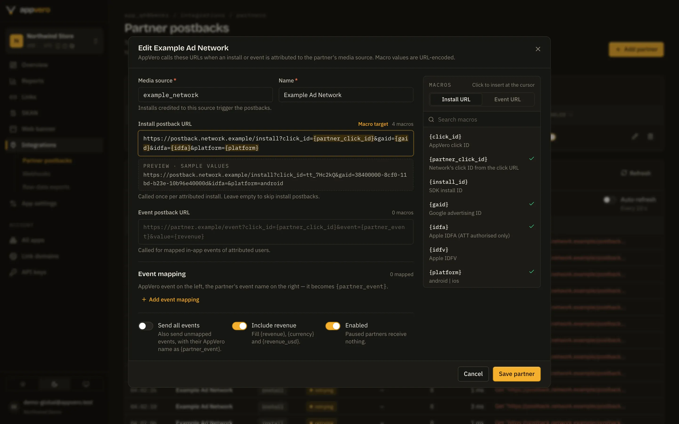 AppVero partner postback editor with an install postback URL template, macros and a sample preview.